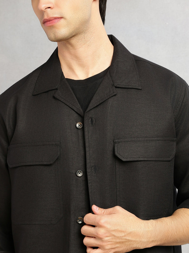 Thomas Scott Men Black Cricket Club Collection Oversized Fit Long Sleeves Camp Collar Cotton Linen Twill Shacket with 2 Flap Pockets