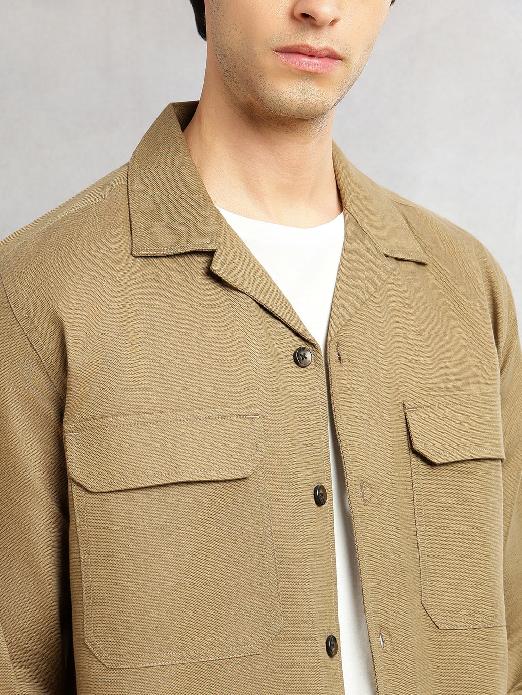 Thomas Scott Men Khaki Cricket Club Collection Oversized Fit Long Sleeves Camp Collar Cotton Linen Twill Shacket with 2 Flap Pockets