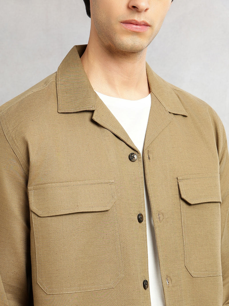 Thomas Scott Men Khaki Cricket Club Collection Oversized Fit Long Sleeves Camp Collar Cotton Linen Twill Shacket with 2 Flap Pockets