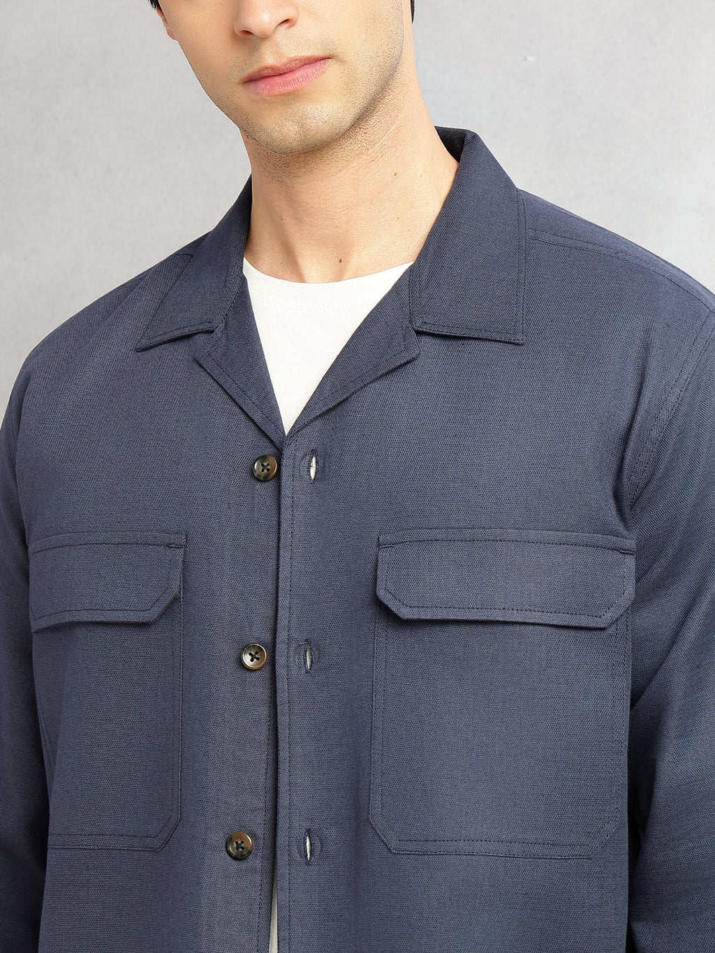 Thomas Scott Men Navy Cricket Club Collection Oversized Fit Long Sleeves Camp Collar Cotton Linen Twill Shacket with 2 Flap Pockets