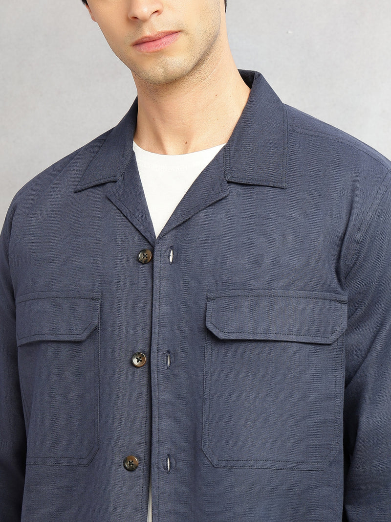 Thomas Scott Men Navy Cricket Club Collection Oversized Fit Long Sleeves Camp Collar Cotton Linen Twill Shacket with 2 Flap Pockets