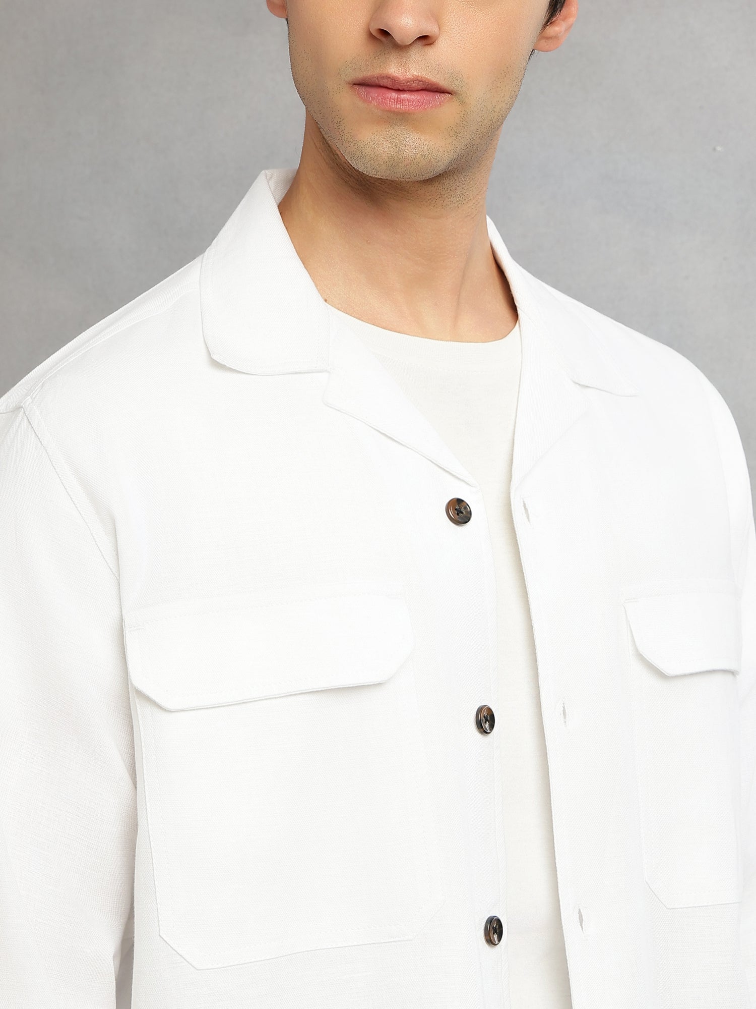 Thomas Scott Men White Cricket Club Collection Oversized Fit Long Sleeves Camp Collar Cotton Linen Twill Shacket with 2 Flap Pockets