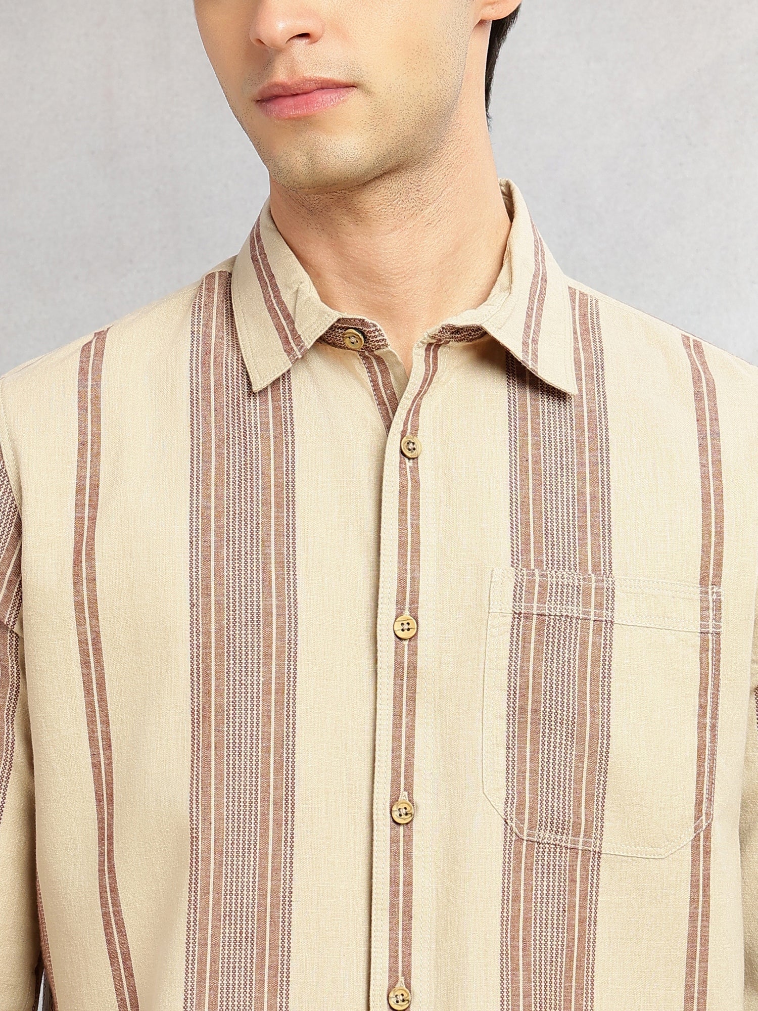 Thomas Scott Men Beige Cricket Club Collection Men Striped Cotton Linen Shirt-Slim Fit, Long Sleeve, Spread Collar Casual Wear