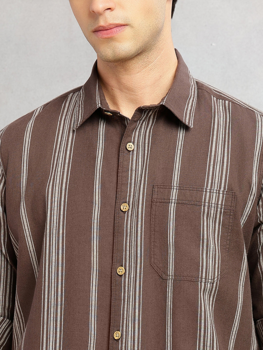 Thomas Scott Men Brown Cricket Club Collection Slim Fit Cotton Linen Classic Striped Casual Wear Shirt for Men