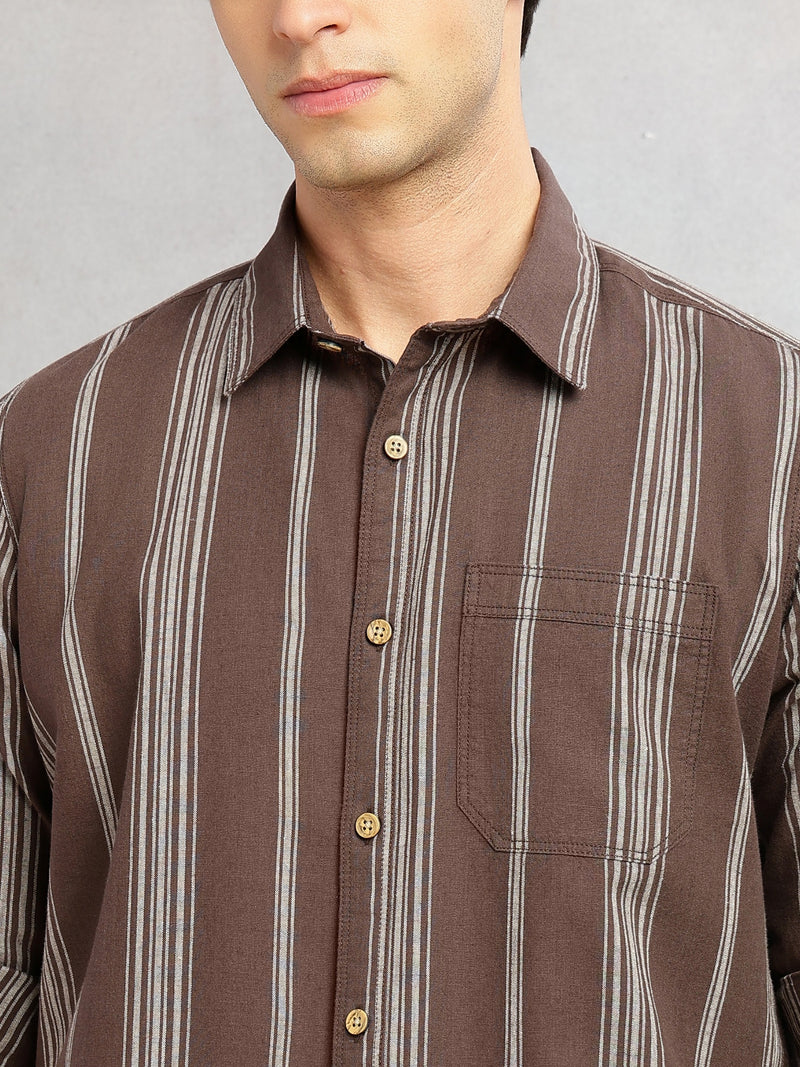 Thomas Scott Men Brown Cricket Club Collection Slim Fit Cotton Linen Classic Striped Casual Wear Shirt for Men