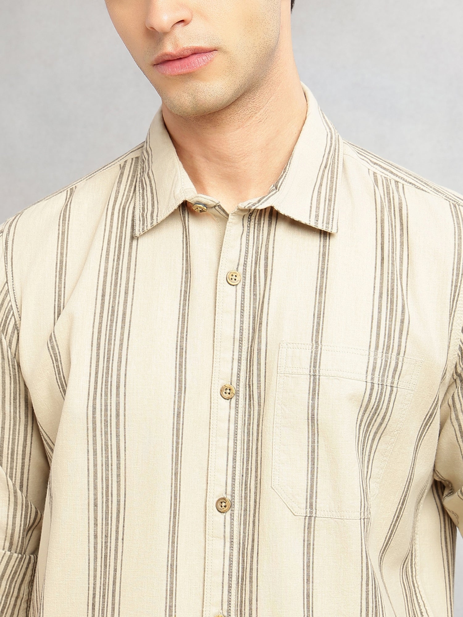 Thomas Scott Men Peach Cricket Club Collection Slim Fit Cotton Linen Classic Striped Casual Wear Shirt for Men