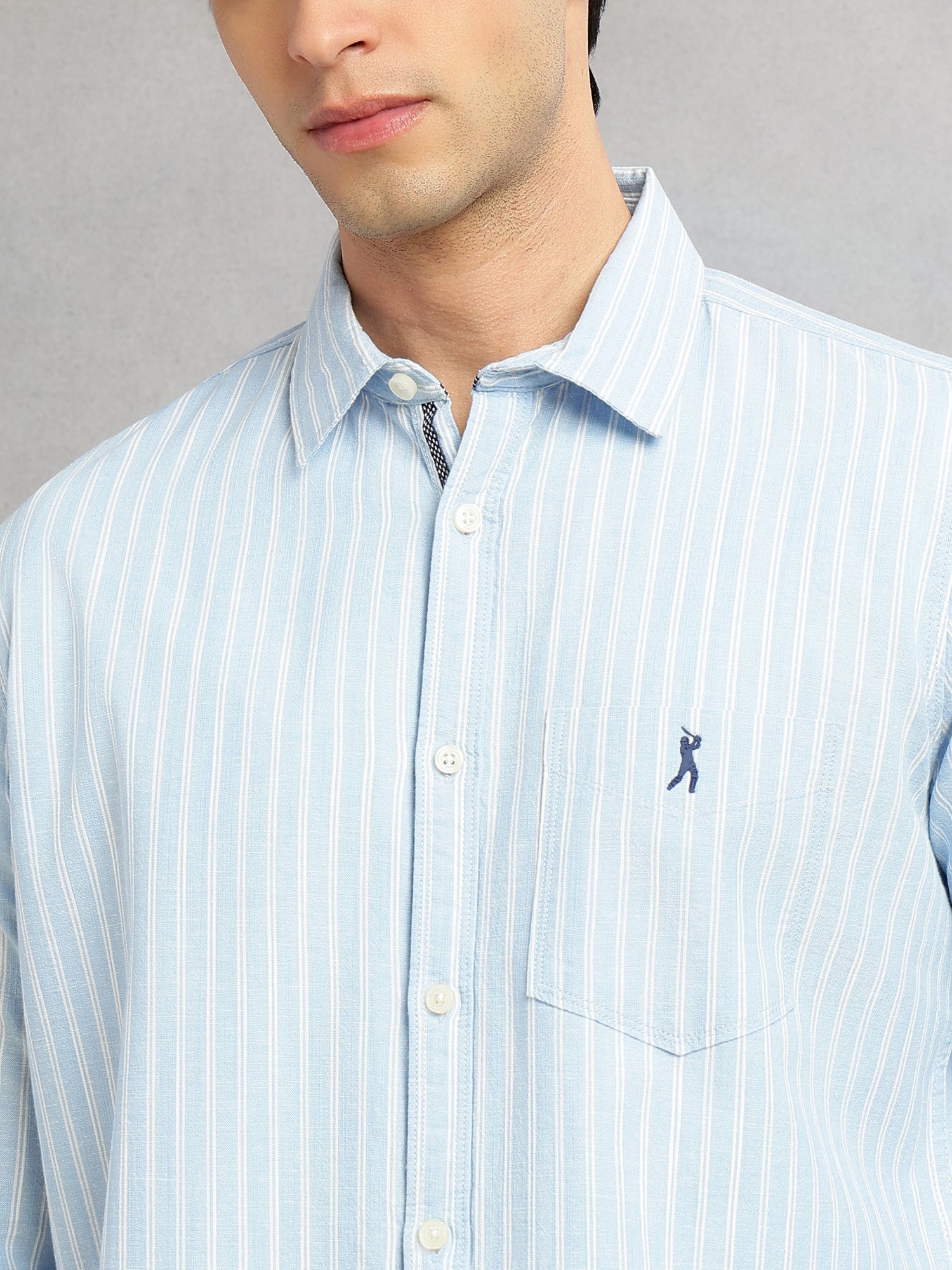 Thomas Scott Men Blue Cricket Club Collection Slim Fit 100% Cotton Oxford Shirt with Vertical Stripes & Spread Collar