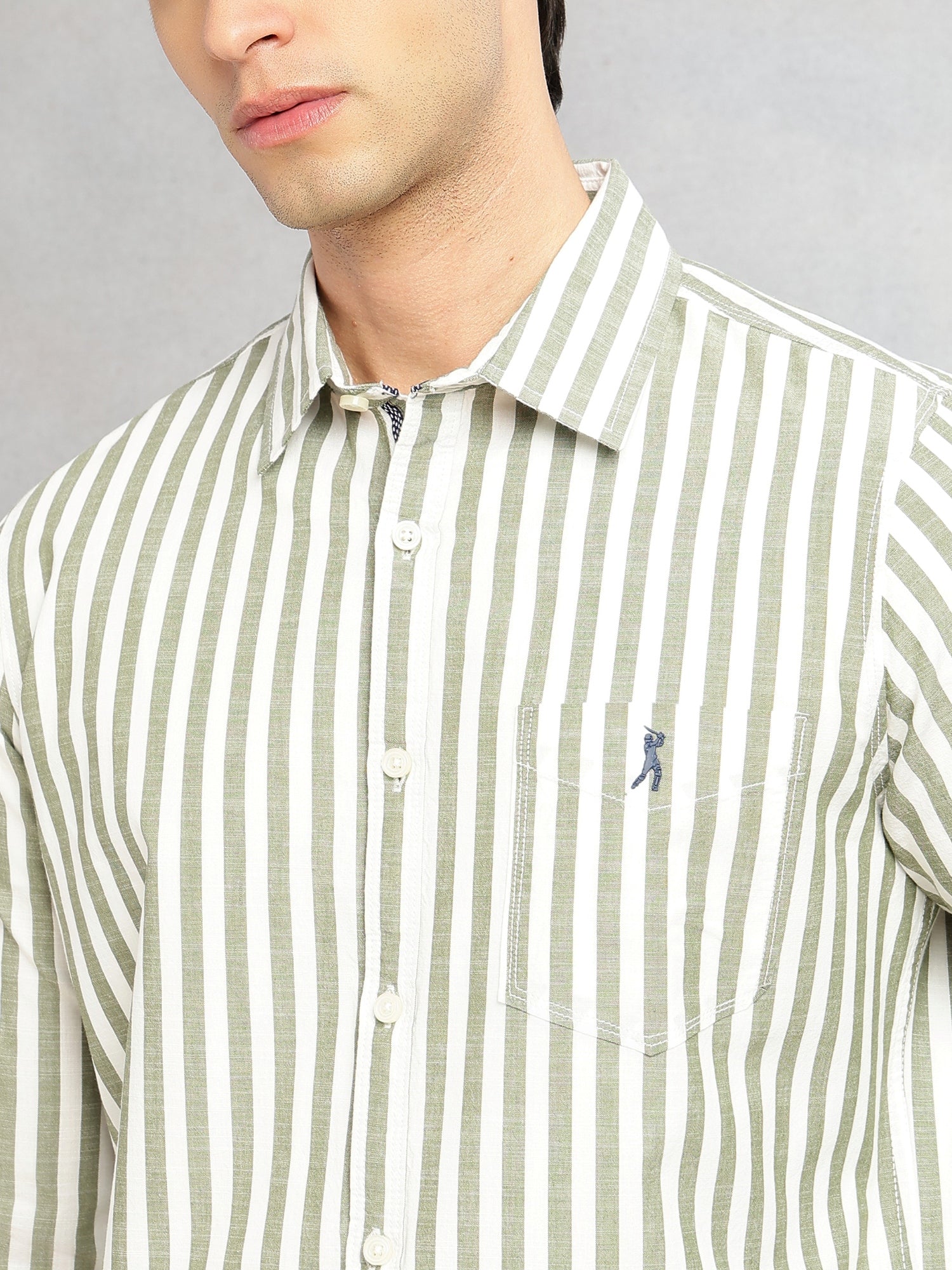 Thomas Scott Men Green Cricket Club Collection Slim Fit 100% Cotton Oxford Shirt with Vertical Stripes & Spread Collar