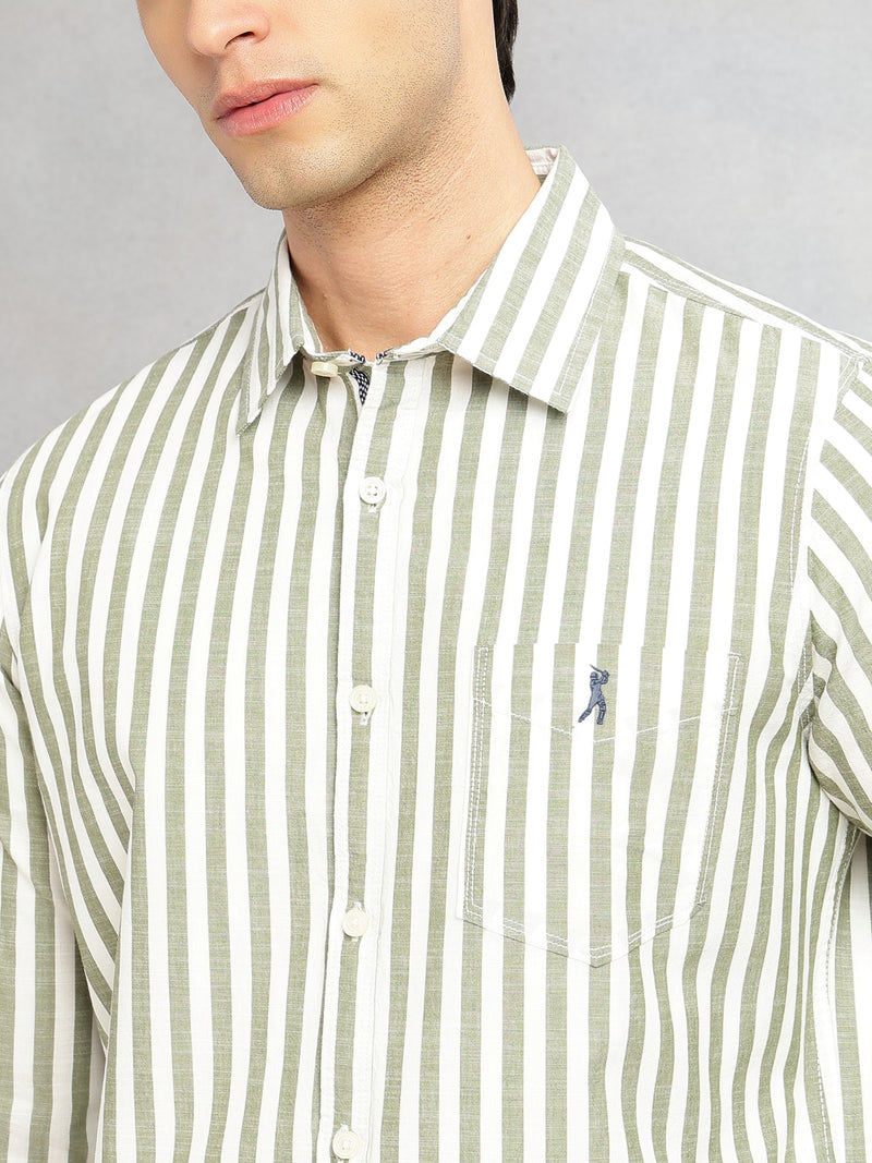 Thomas Scott Men Green Cricket Club Collection Slim Fit 100% Cotton Oxford Shirt with Vertical Stripes & Spread Collar