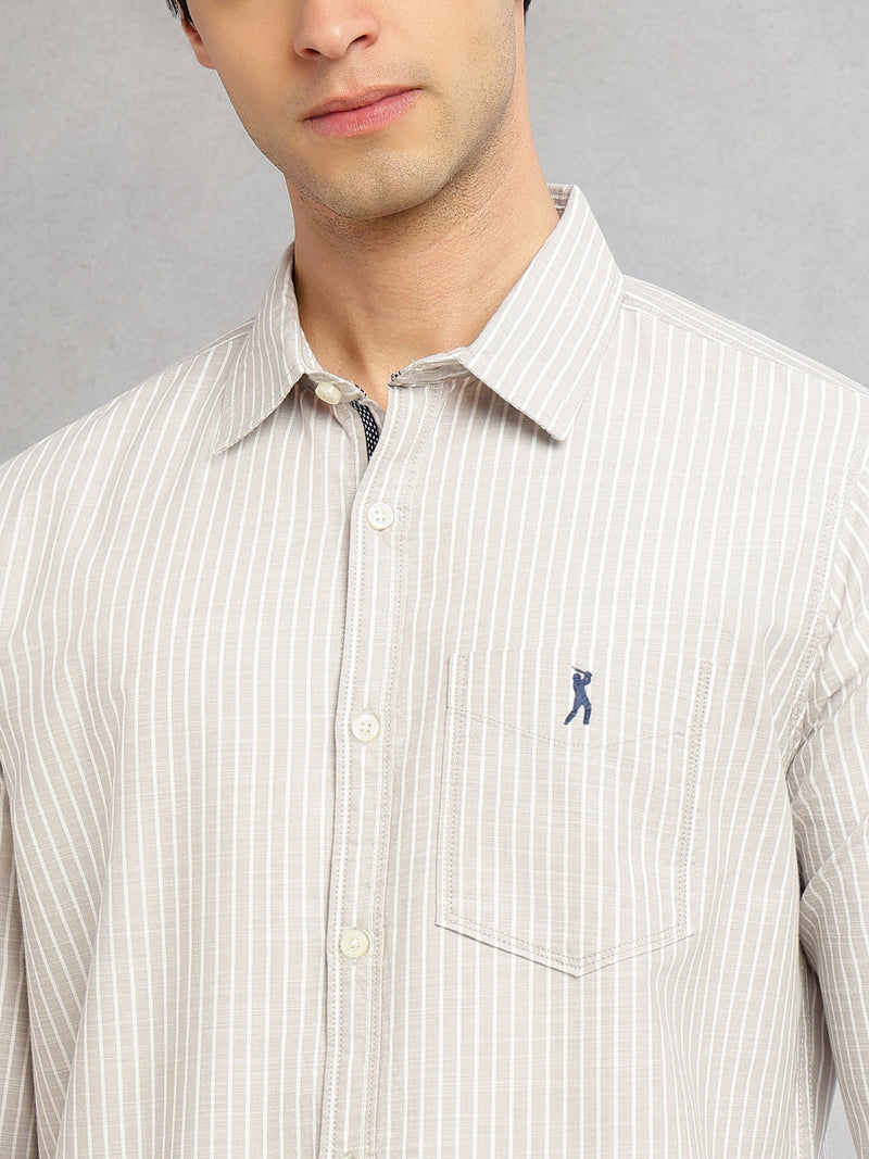 Thomas Scott Men Grey Cricket Club Collection Slim Fit 100% Cotton Oxford Shirt with Vertical Stripes & Spread Collar
