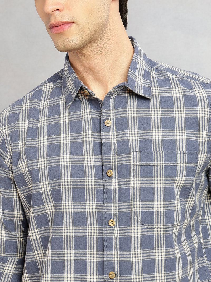 Thomas Scott Men Blue Slim Fit Tartan Checks Cotton Linen Casual Shirt-Cricket Club Collection, Roll-Up Sleeves & Spread Collar