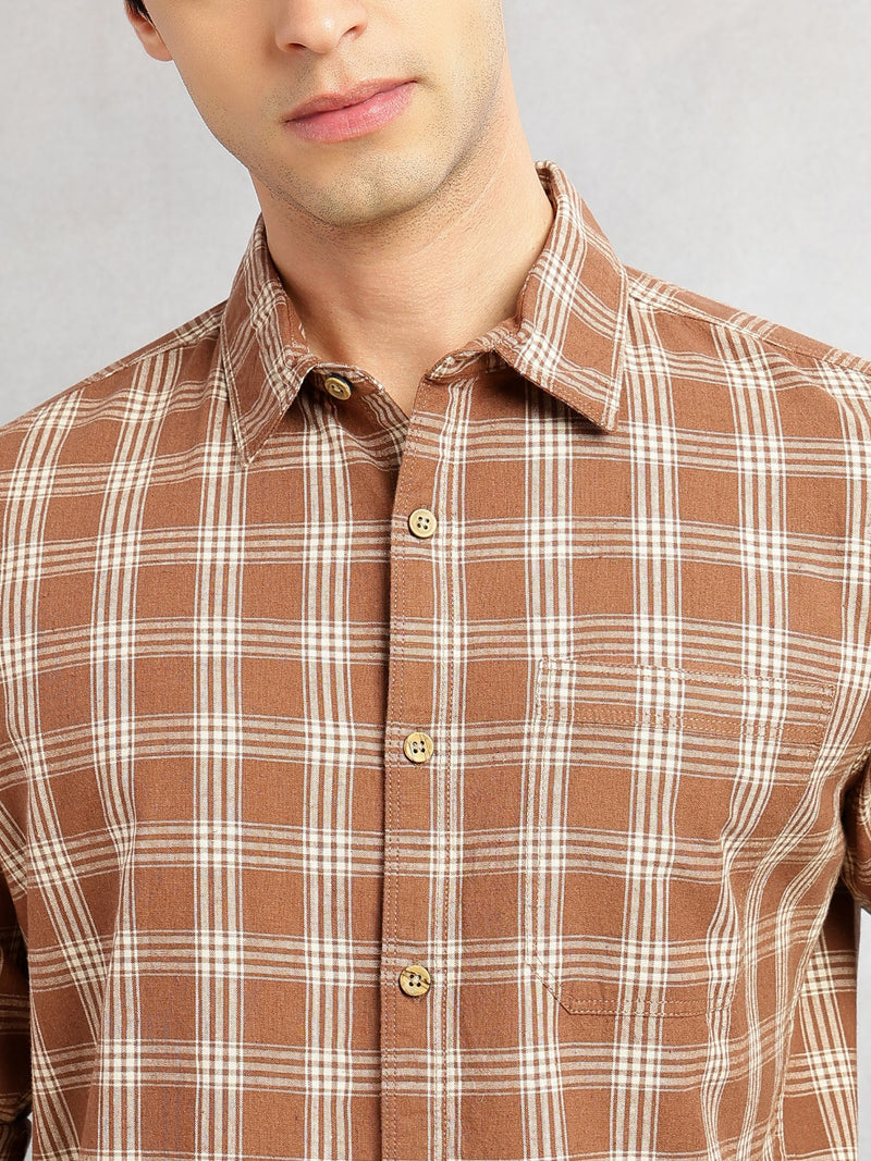 Thomas Scott Men Brown Slim Fit Tartan Checks Cotton Linen Casual Shirt-Cricket Club Collection, Roll-Up Sleeves & Spread Collar