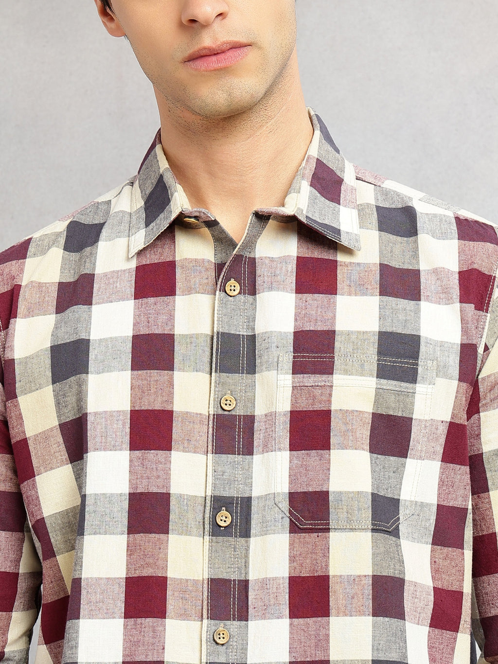Thomas Scott Men Wine Cricket Club Collection Slim Fit Long Sleeves Shepherd Check Spread Collar Cotton Linen Casual Shirt