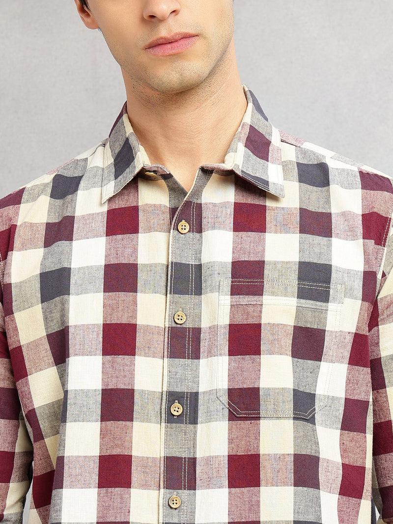 Thomas Scott Men Wine Cricket Club Collection Slim Fit Long Sleeves Shepherd Check Spread Collar Cotton Linen Casual Shirt