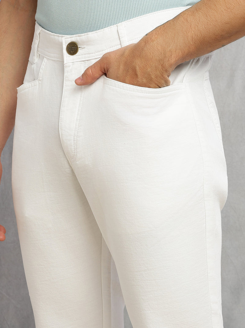 Thomas Scott Men White Smart Straight Fit Mid-Rise Solid 5-Pocket Design Woven Chinos Trouser