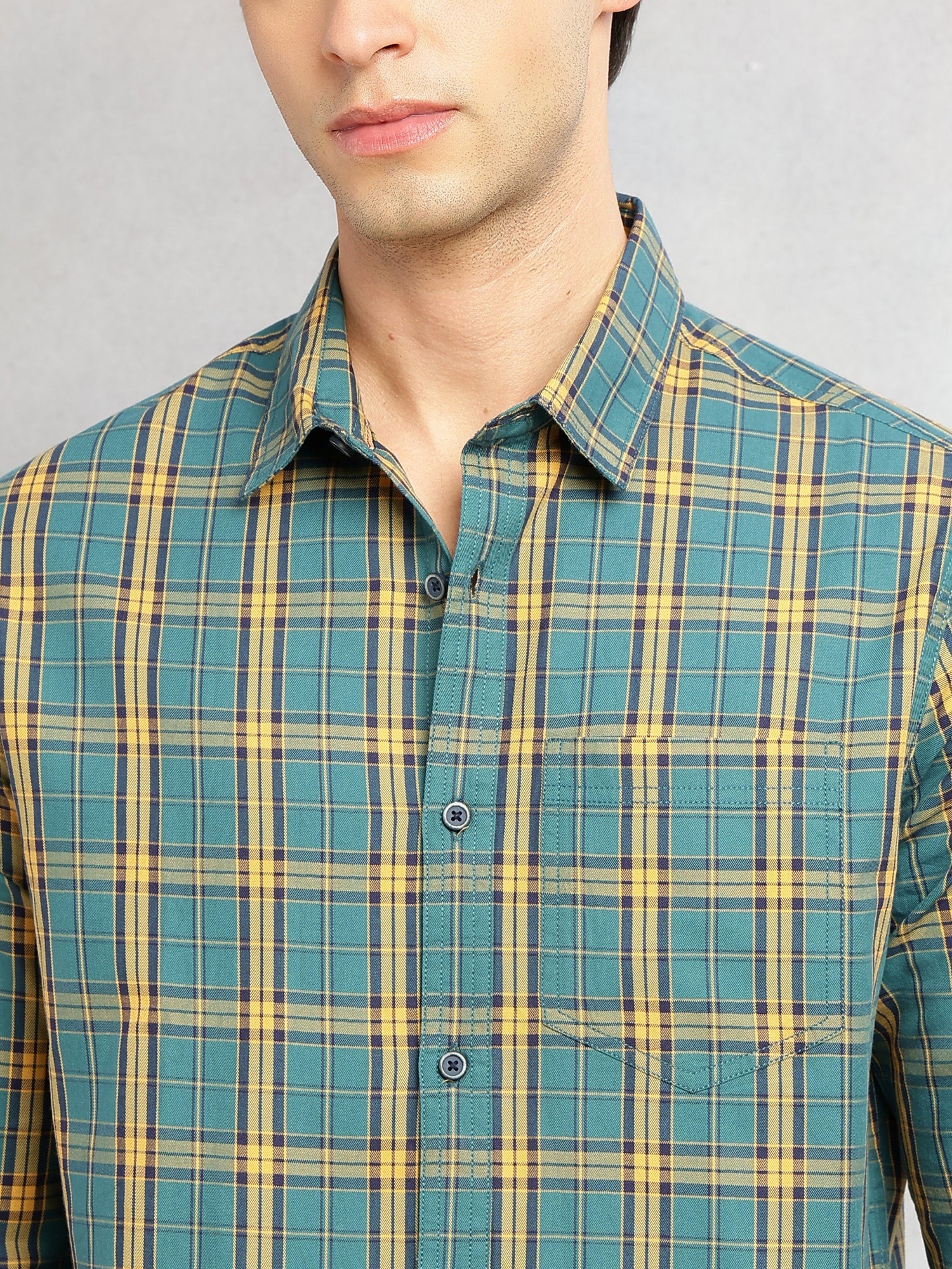 Thomas Scott Men Teal Slim Fit Tartan Checks Long Sleeves Spread Collar 100% Cotton Twill Casual Shirt