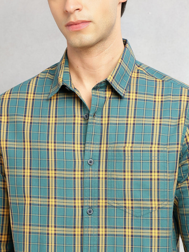 Thomas Scott Men Teal Slim Fit Tartan Checks Long Sleeves Spread Collar 100% Cotton Twill Casual Shirt
