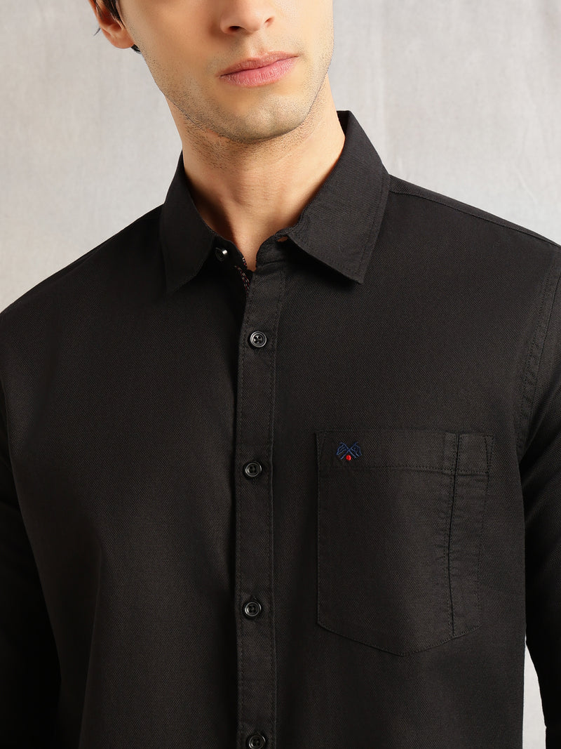 Thomas Scott Men Black Slim Fit Long Sleeves Solid Spread Collar 100% Cotton Twill Casual Shirt