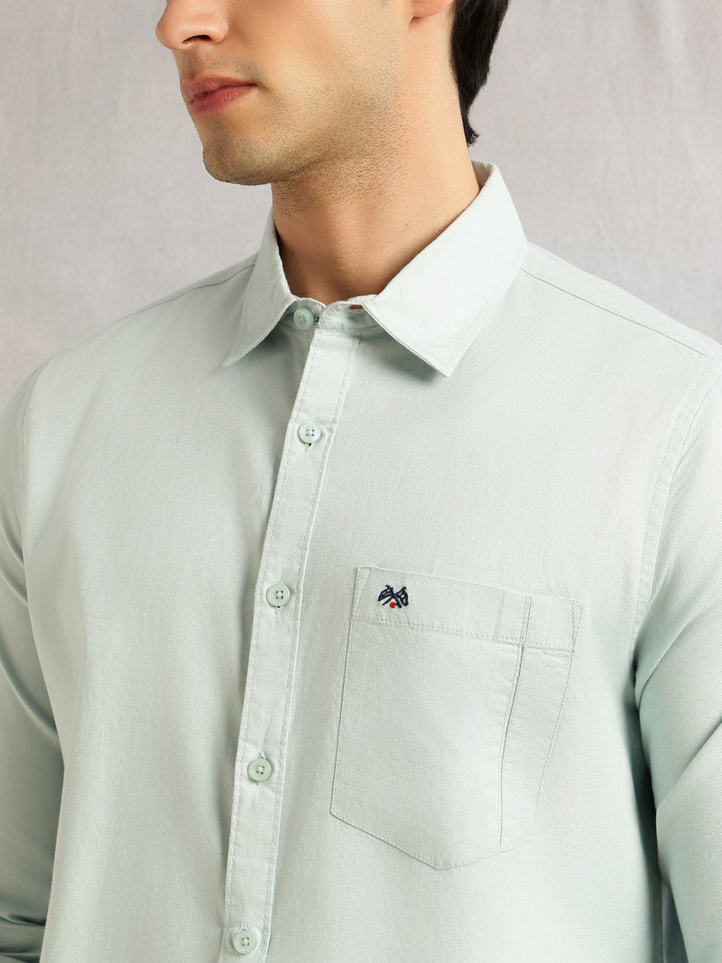 Thomas Scott Men Green Slim Fit Long Sleeves Solid Spread Collar 100% Cotton Twill Casual Shirt