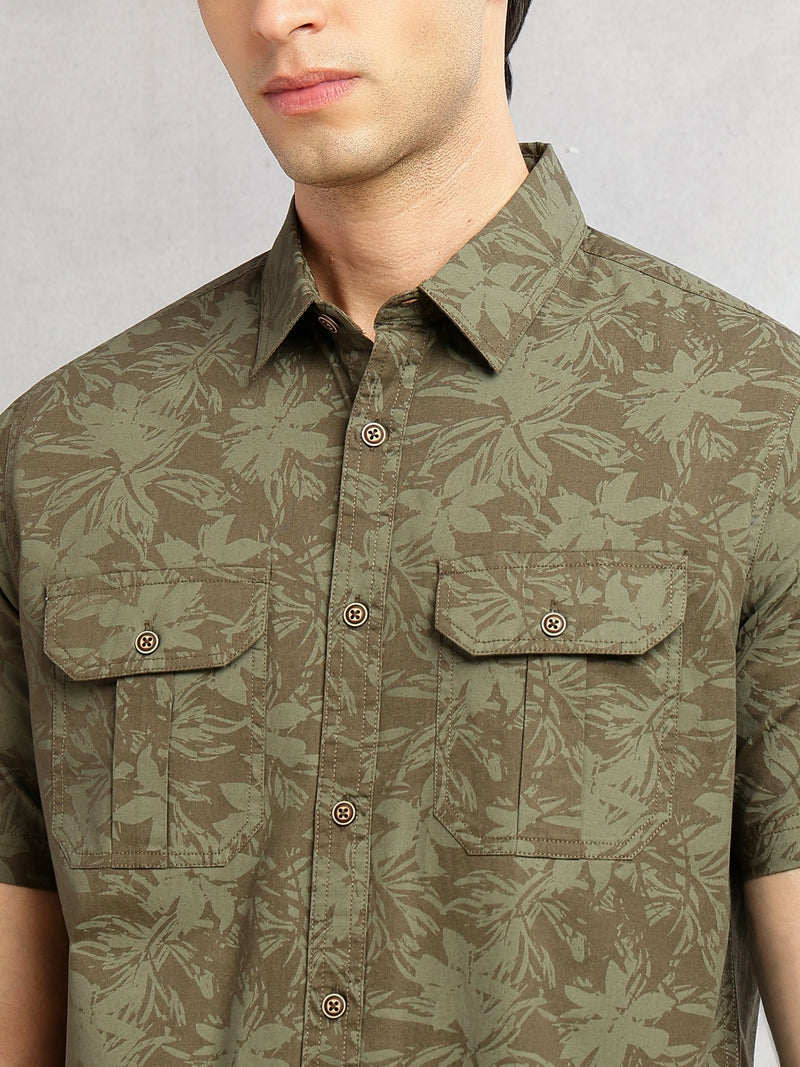 Thomas Scott Men Olive Slim Fit Short Sleeves Floral Printed Two Flap Chest Pockets Pure Cotton Casual Shirt for Men