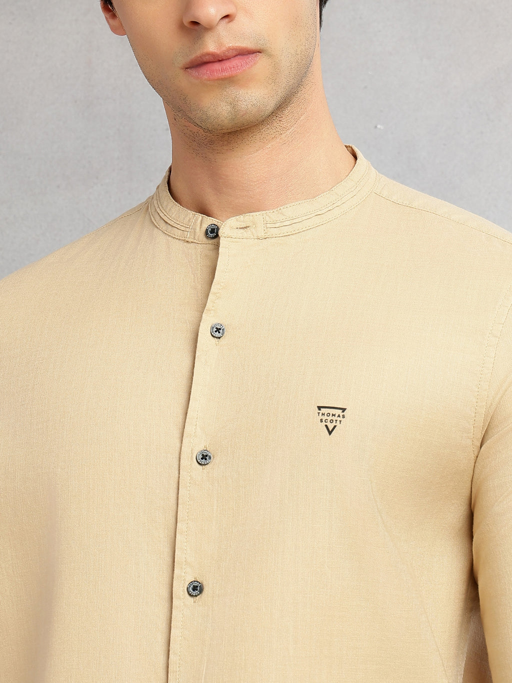 Thomas Scott Men Khaki Slim Fit Long Sleeves Solid Mandarin Collar Cotton Linen Casual Shirt