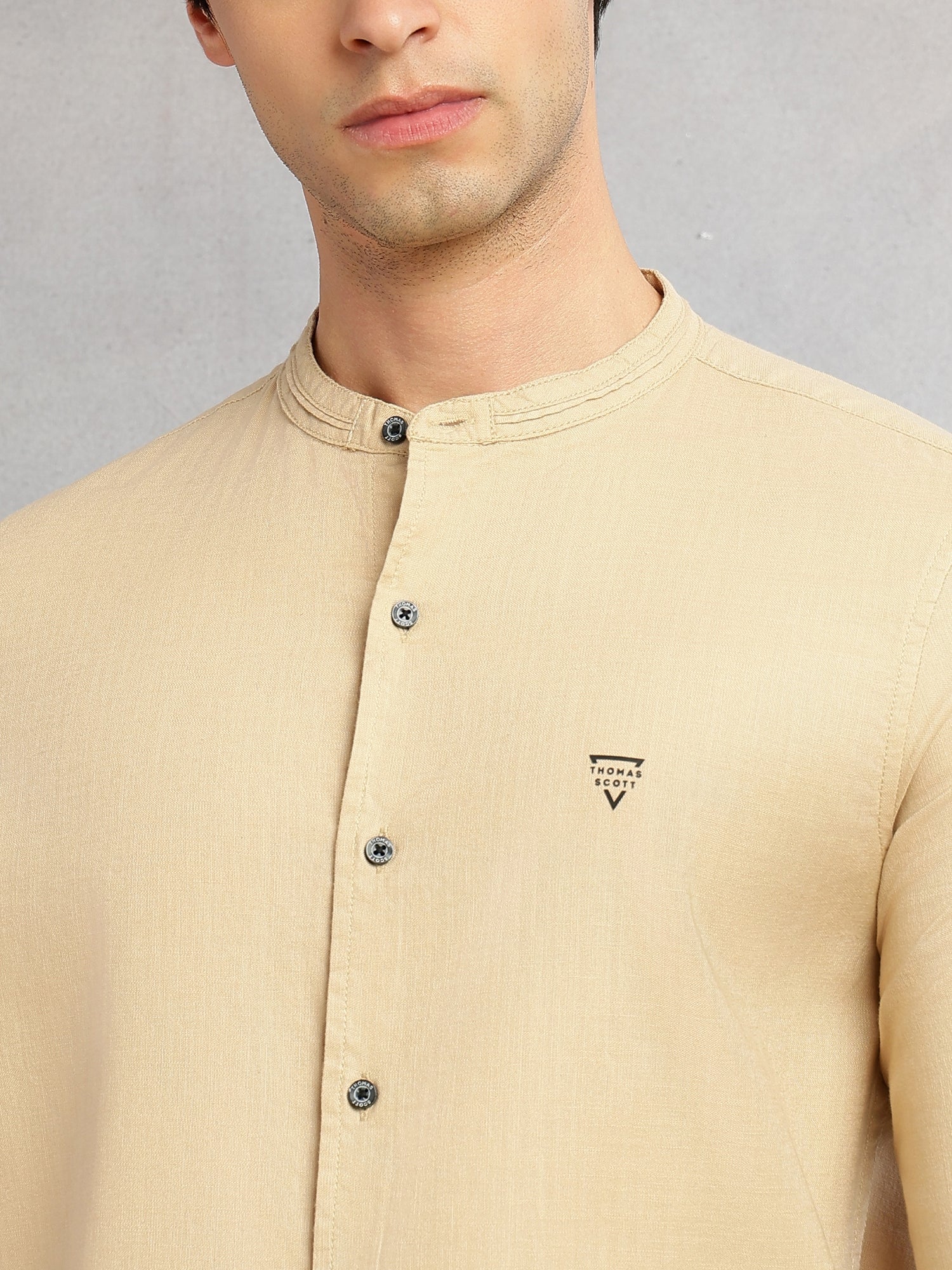 Thomas Scott Men Khaki Slim Fit Long Sleeves Solid Mandarin Collar Cotton Linen Casual Shirt