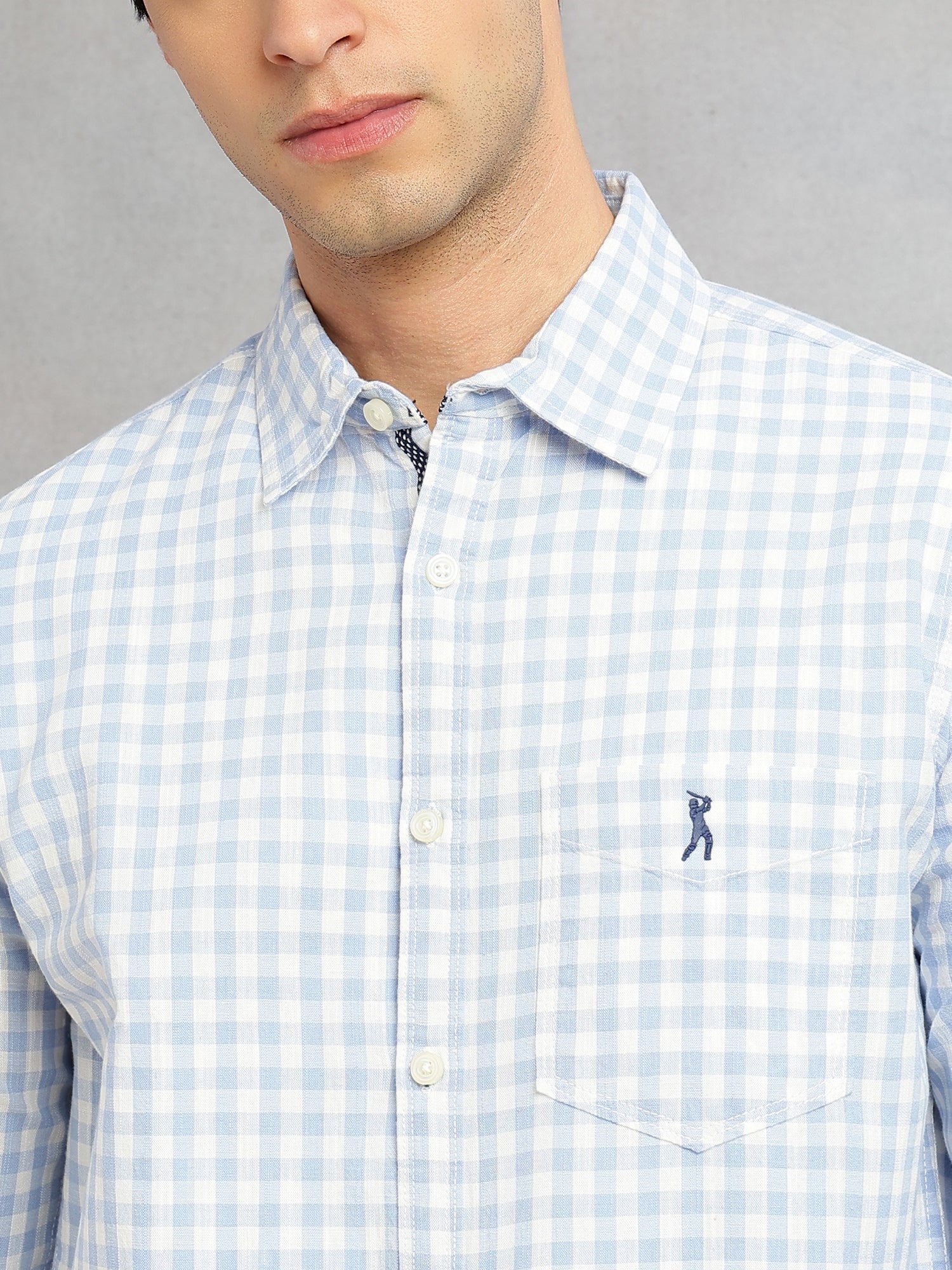 Thomas Scott Men Blue Cricket Club Collection Slim Fit 100% Cotton Oxford Shirt with Gingham Checks & Spread Collar