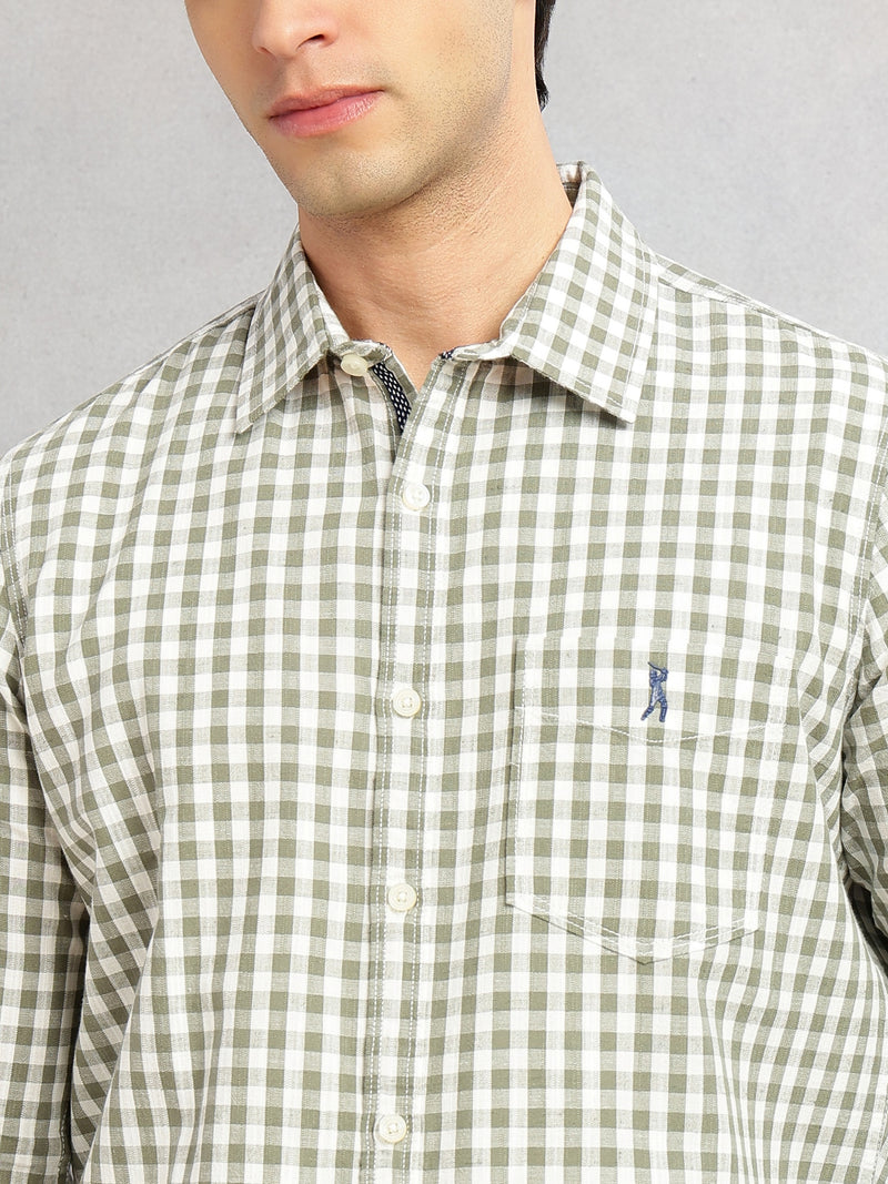 Thomas Scott Men Green Cricket Club Collection Slim Fit 100% Cotton Oxford Shirt with Gingham Checks & Spread Collar