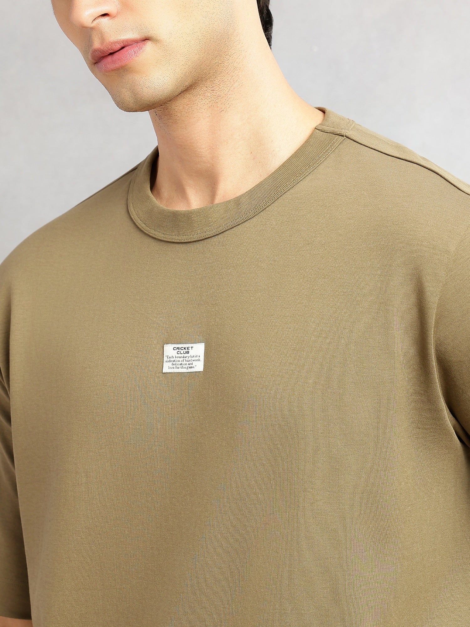 Thomas Scott Men Olive Cricket Club Collection Oversized Fit Round Neck Short Sleeves 100% Cotton Solid Knitted T-shirt