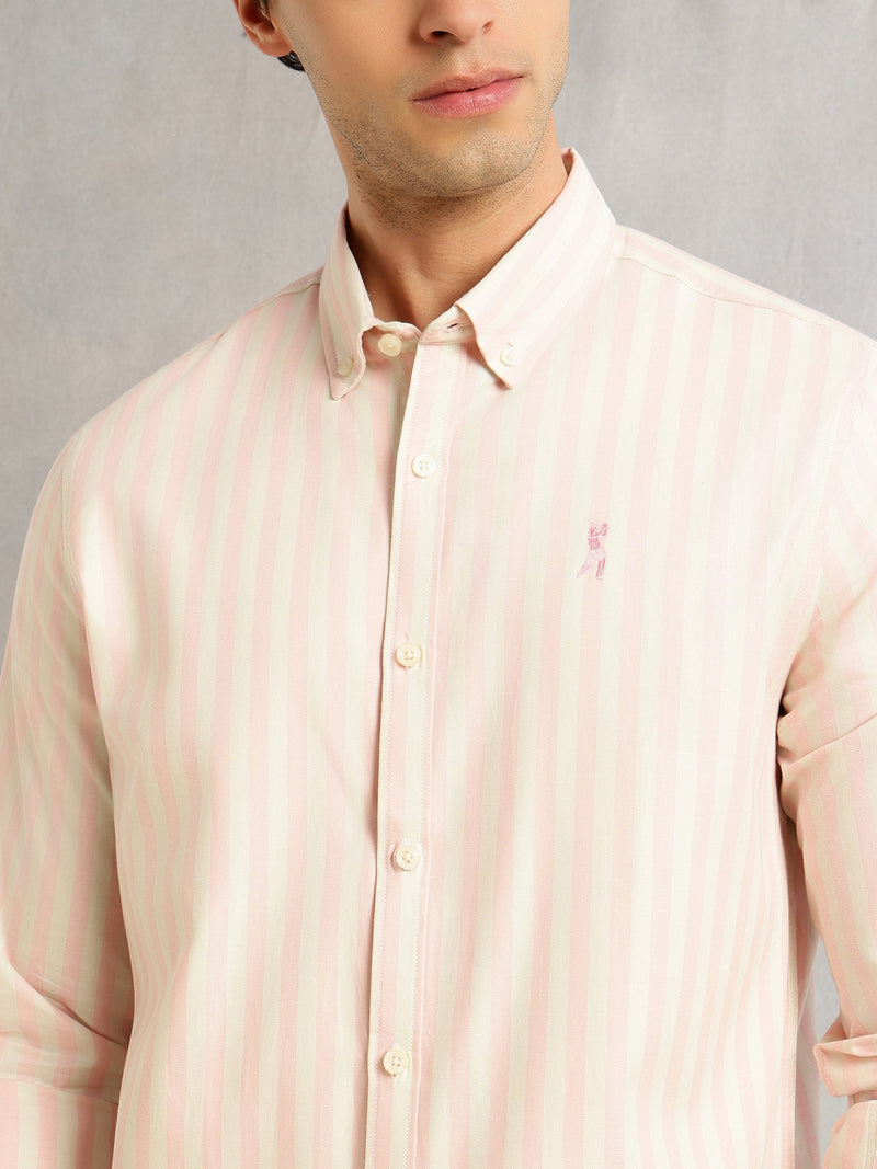 Thomas Scott Men Pink Cricket Club Collection Slim Fit Vertical Stripe Cotton Casual Shirt-Button Down Collar, Full Sleeves