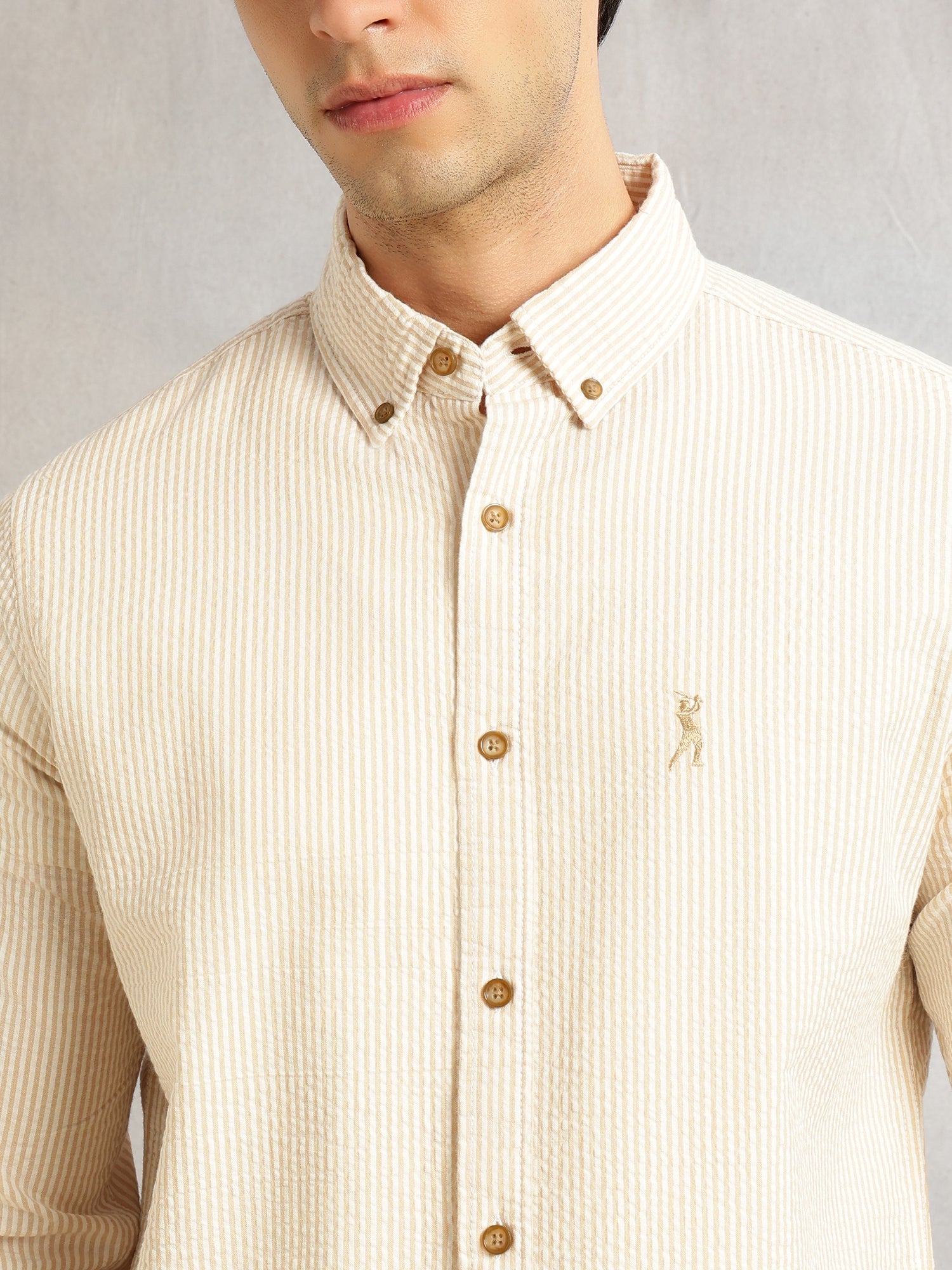 Thomas Scott Men Beige Cricket Club Collection Slim Fit Long Sleeves Button Down Collar SeerSucker Shirt