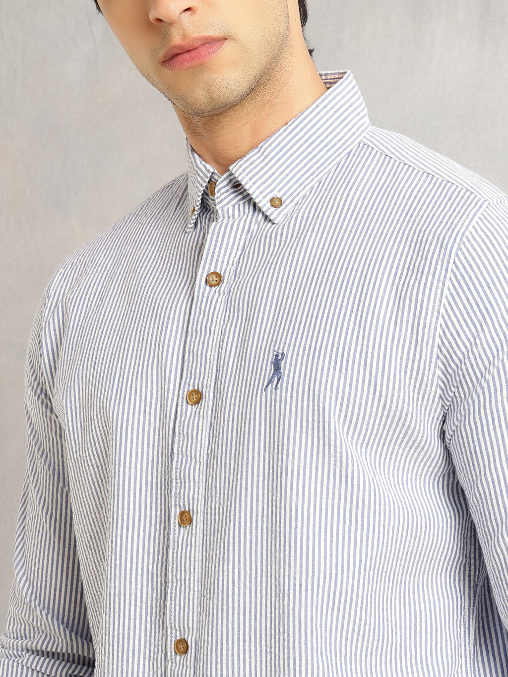Thomas Scott Men Navy Cricket Club Collection Slim Fit Long Sleeves Button Down Collar SeerSucker Shirt