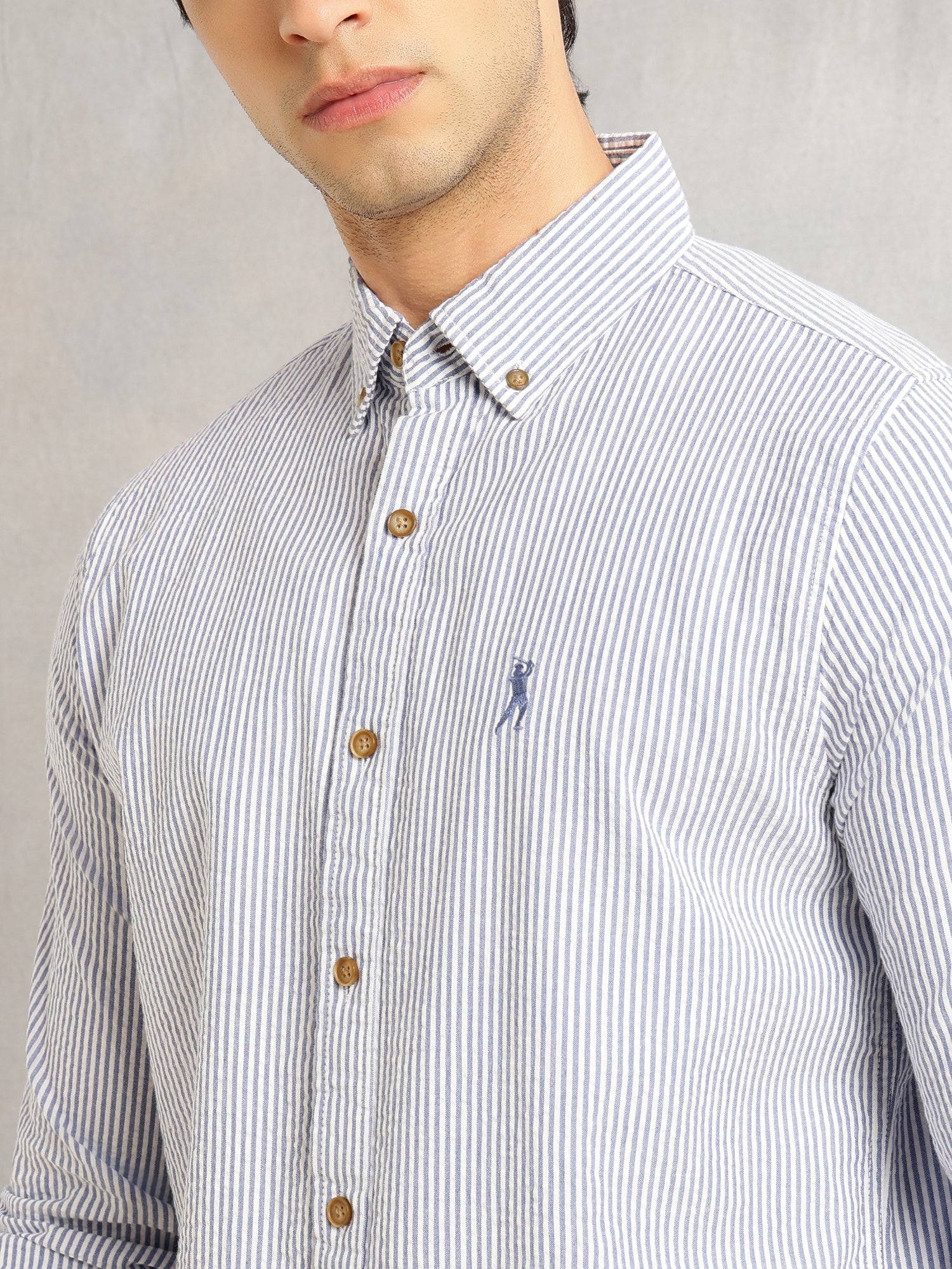 Thomas Scott Men Navy Cricket Club Collection Slim Fit Long Sleeves Button Down Collar SeerSucker Shirt