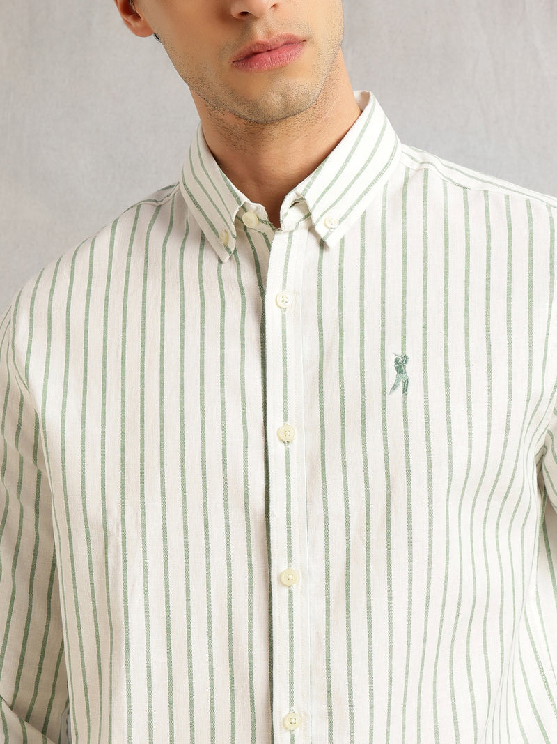 Thomas Scott Men Green Cricket Club Collection Slim Fit Long Sleeves Button Down Collar Cotton Linen Oxford Shirt