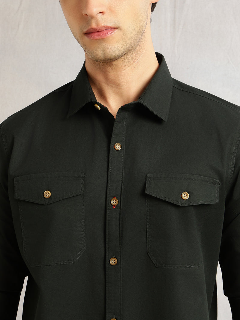 Thomas Scott Men Bottle Green1 Regular Fit Long Roll-Up Sleeves Spread Collar Solid 100% Cotton Casual Shirt