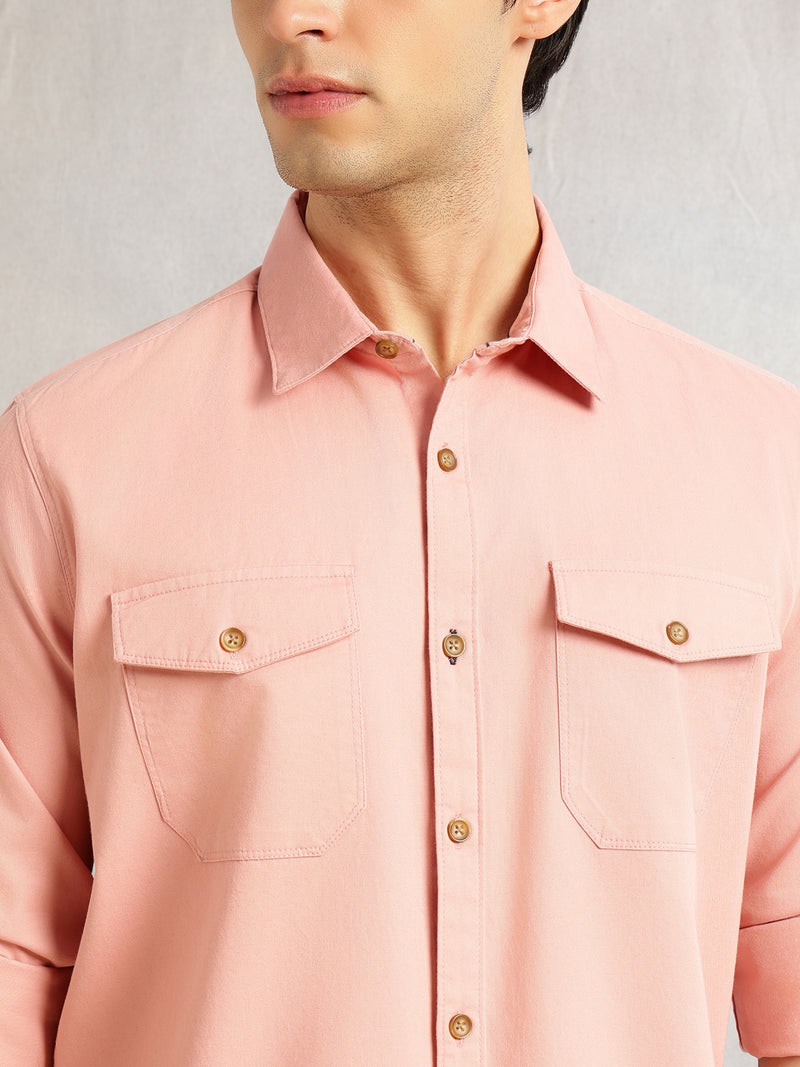 Thomas Scott Men Peach Regular Fit Long Roll-Up Sleeves Spread Collar Solid 100% Cotton Casual Shirt