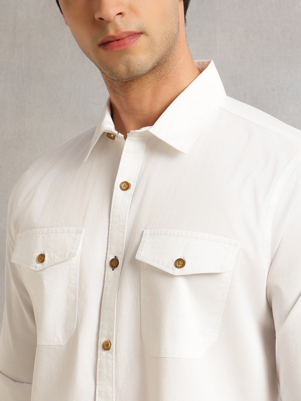 Thomas Scott Men White1 Regular Fit Long Roll-Up Sleeves Spread Collar Solid 100% Cotton Casual Shirt