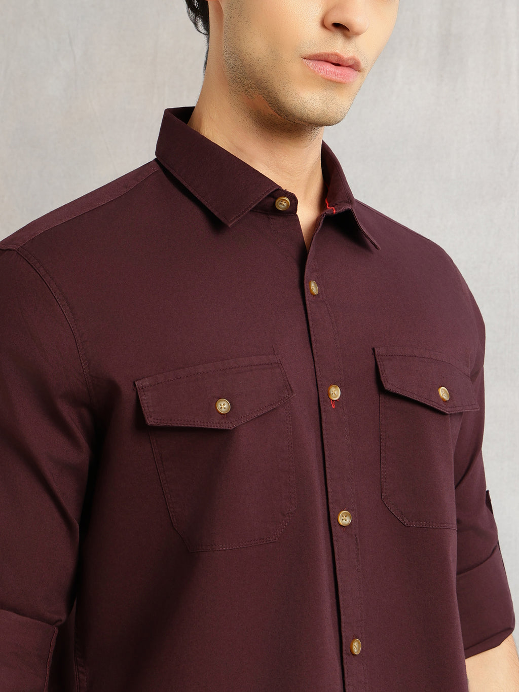 Thomas Scott Men Wine Slim Fit Long Sleeves Spread Collar Solid 100% Cotton Twill Casual Shirt