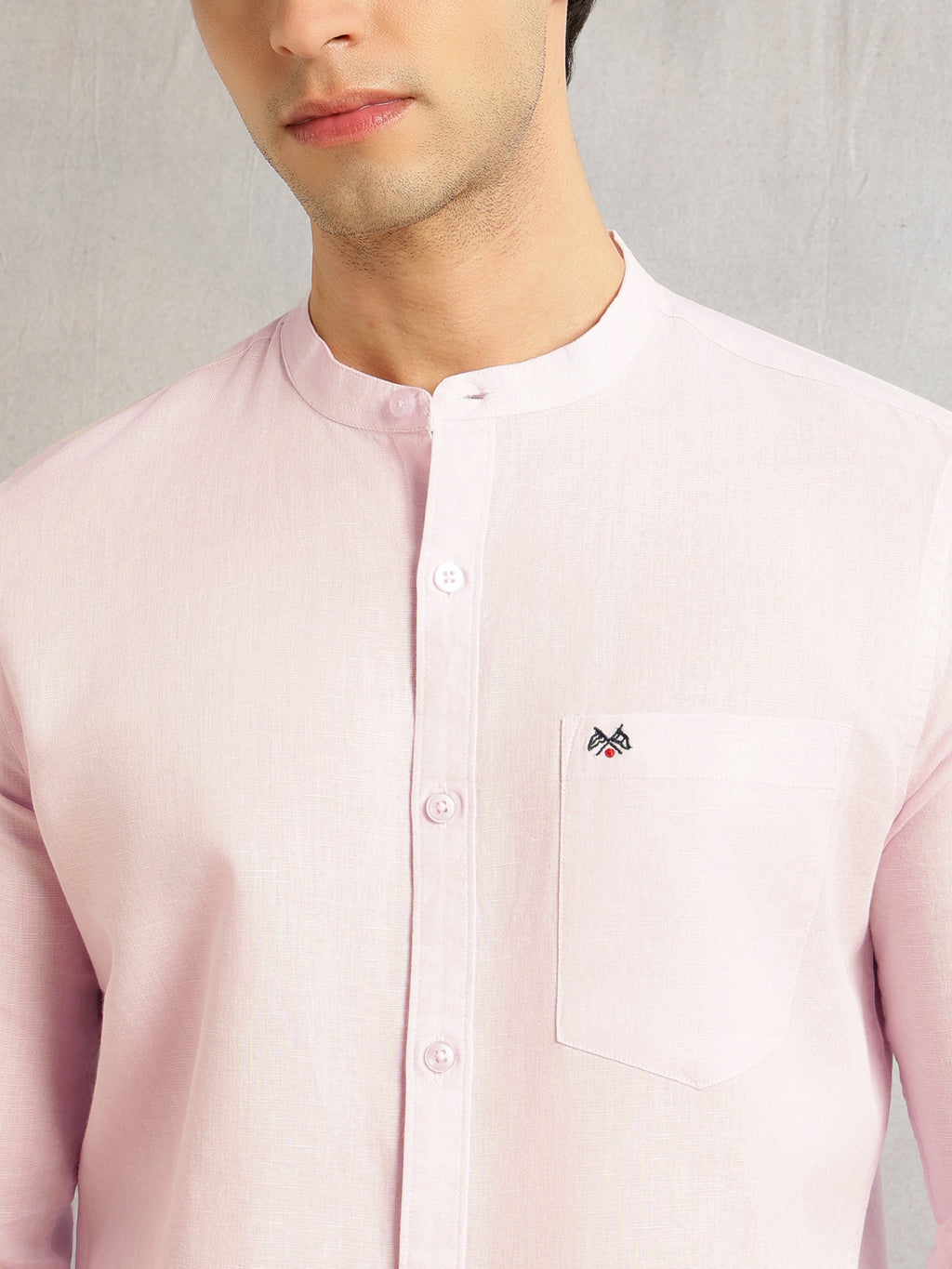 Thomas Scott Men Pink Premium Slim Fit Long Sleeves Mandarin Collar Solid Cotton Linen Casual Shirt