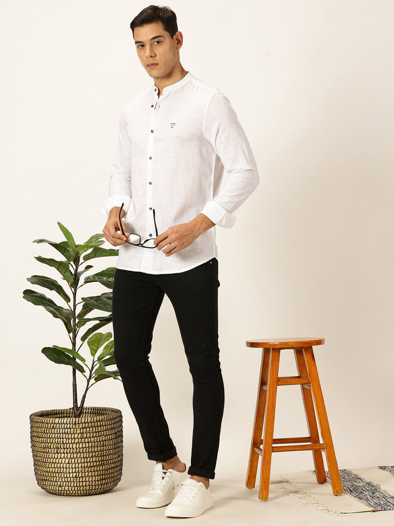 Thomas Scott Men White Slim Fit Long Sleeves Solid Mandarin Collar Cotton Linen Casual Shirt