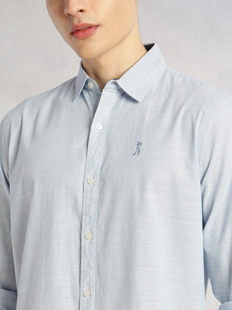 Thomas Scott Men Blue Cricket Club Collection Slim Fit Long Sleeves Spread Collar Pinstripe Cotton Linen Casual Shirt