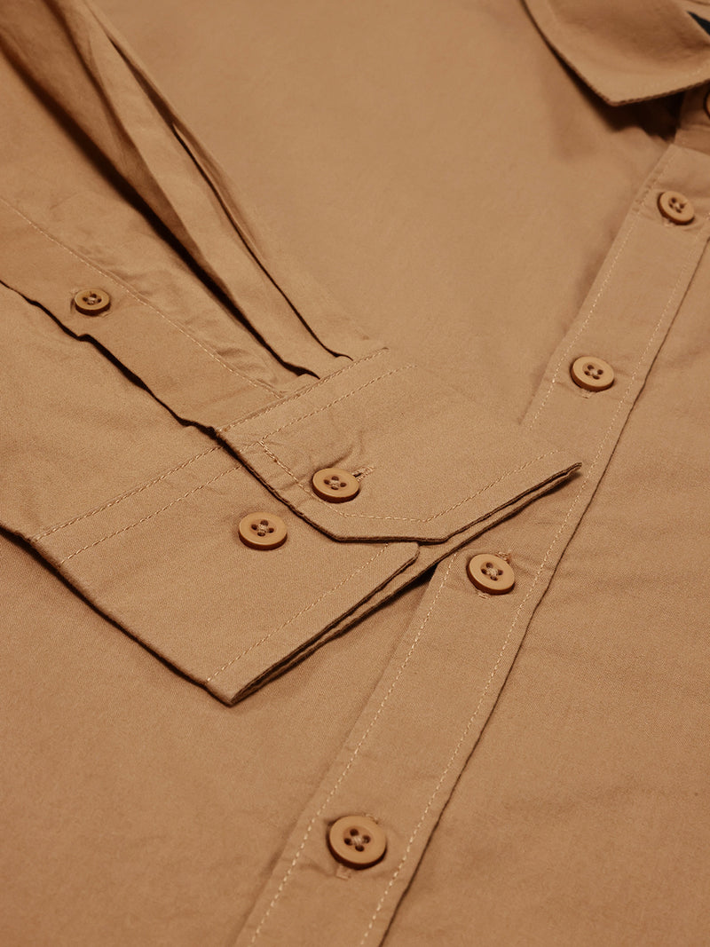 Thomas Scott Men Light Brown Cotton Casual Shirt Plus Size Regular Fit Spread Collar Long Sleeve