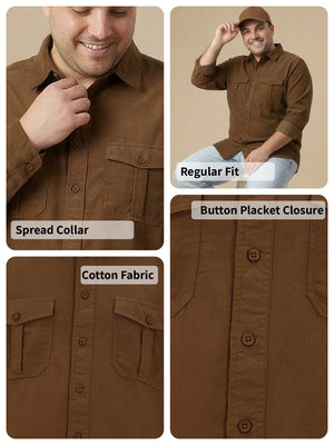 Thomas Scott Men Khaki Cotton Casual Shirt-Regular Fit Long Sleeve Textured Shirt with Spread Collar & Flap Pockets