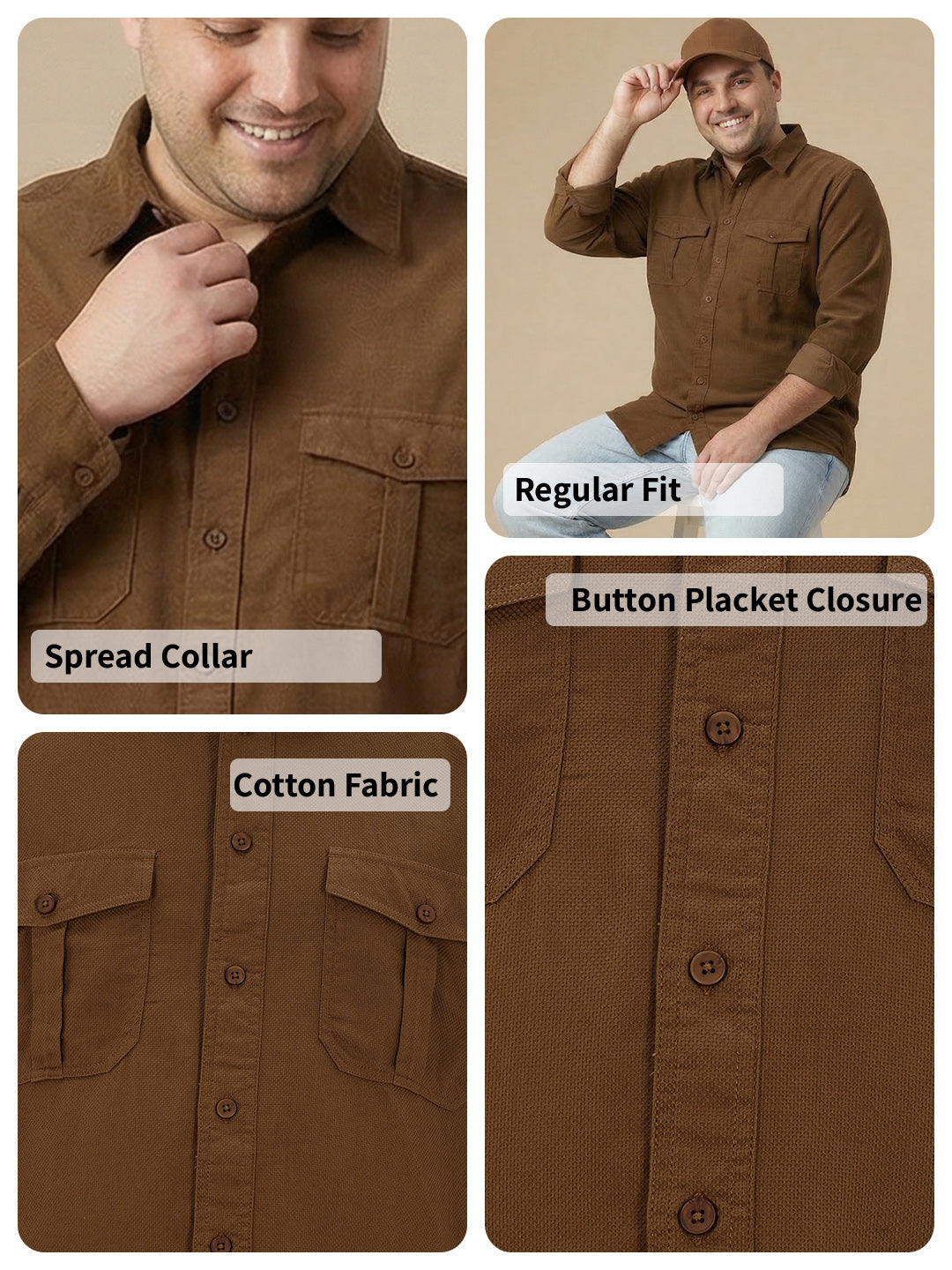 Thomas Scott Men Khaki Cotton Casual Shirt-Regular Fit Long Sleeve Textured Shirt with Spread Collar & Flap Pockets