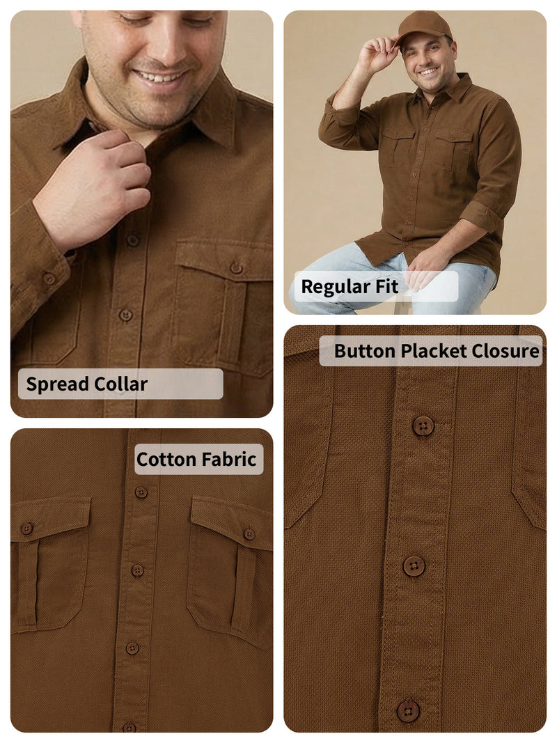 Thomas Scott Men Khaki Cotton Casual Shirt-Regular Fit Long Sleeve Textured Shirt with Spread Collar & Flap Pockets