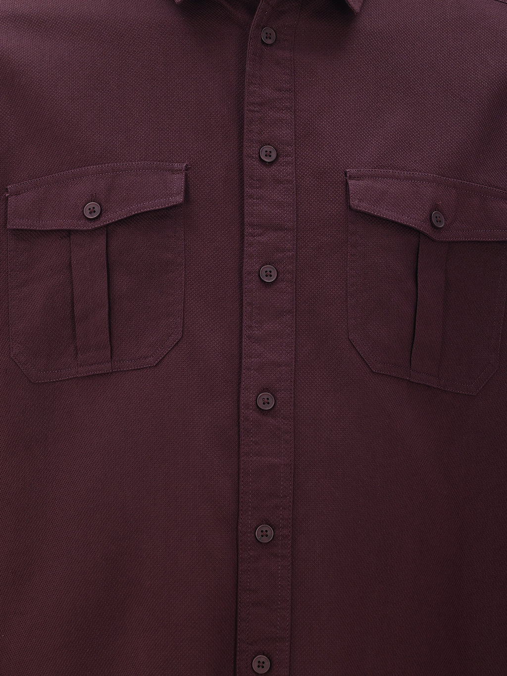 Thomas Scott Men Wine Cotton Casual Shirt-Regular Fit Long Sleeve Textured Shirt with Spread Collar & Flap Pockets