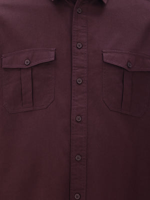 Thomas Scott Men Wine Cotton Casual Shirt-Regular Fit Long Sleeve Textured Shirt with Spread Collar & Flap Pockets