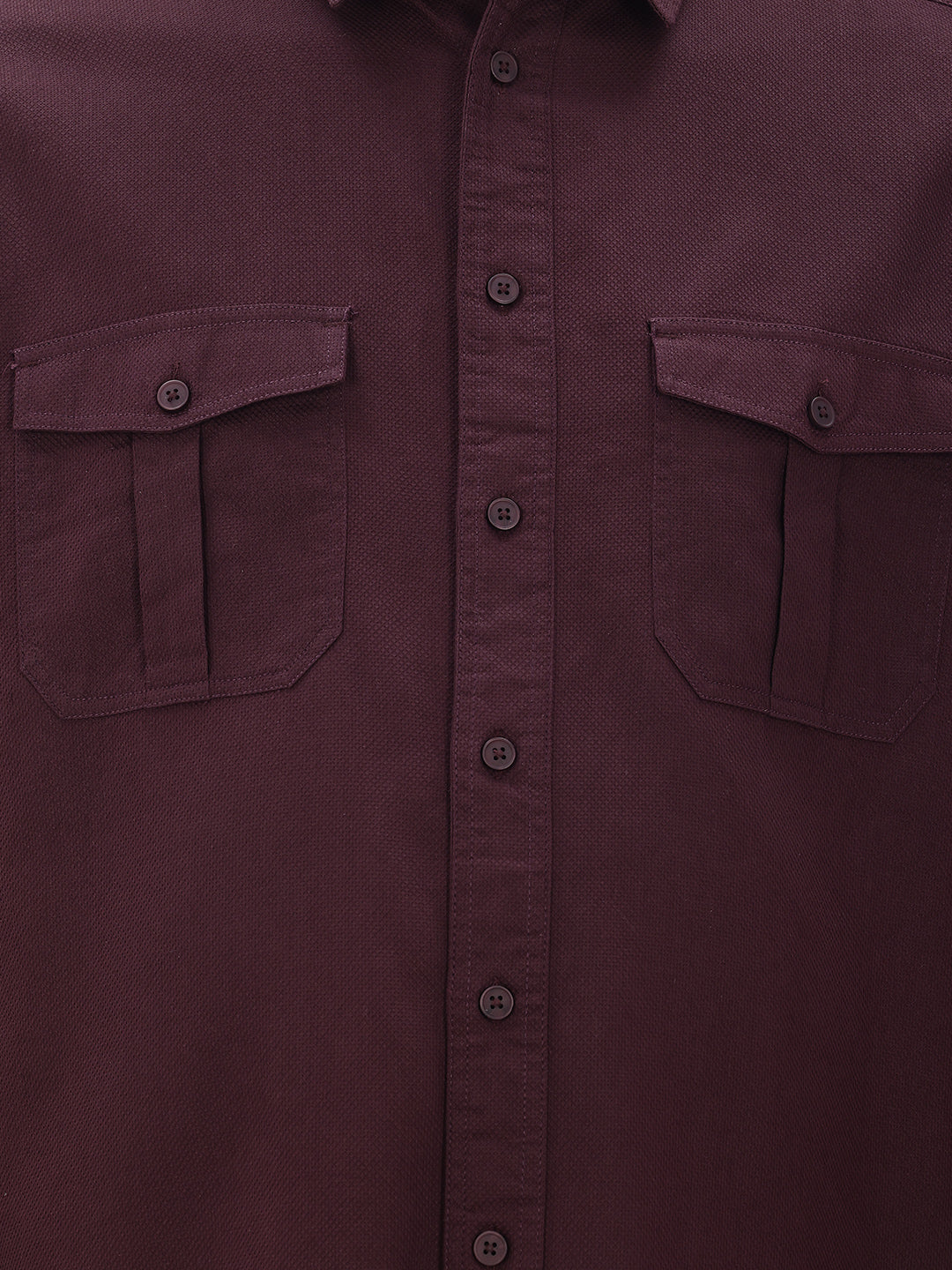 Thomas Scott Men Wine Cotton Casual Shirt-Regular Fit Long Sleeve Textured Shirt with Spread Collar & Flap Pockets