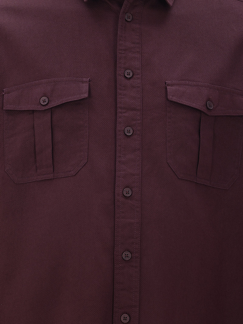 Thomas Scott Men Wine Cotton Casual Shirt-Regular Fit Long Sleeve Textured Shirt with Spread Collar & Flap Pockets