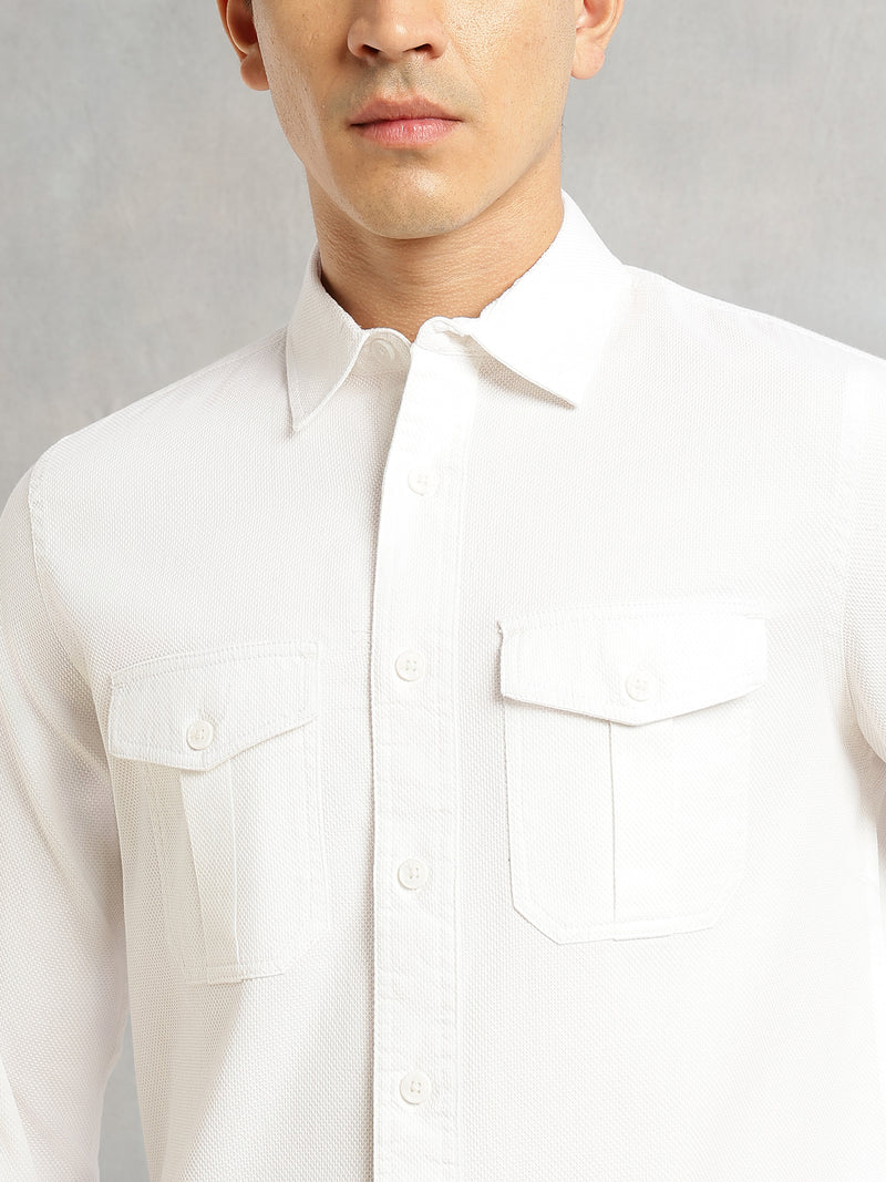 Thomas Scott Men White Cricket Club Collection Men Slim Fit Cotton Casual Shirt-Dual Flap Pocket